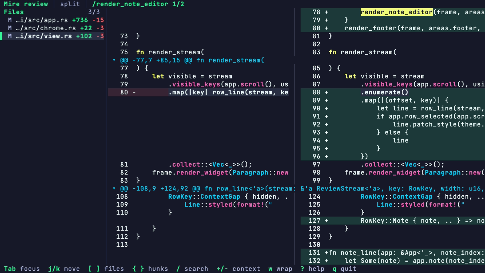 Mire showing a split review with a file sidebar, syntax-highlighted Rust changes, and a review note editor.
